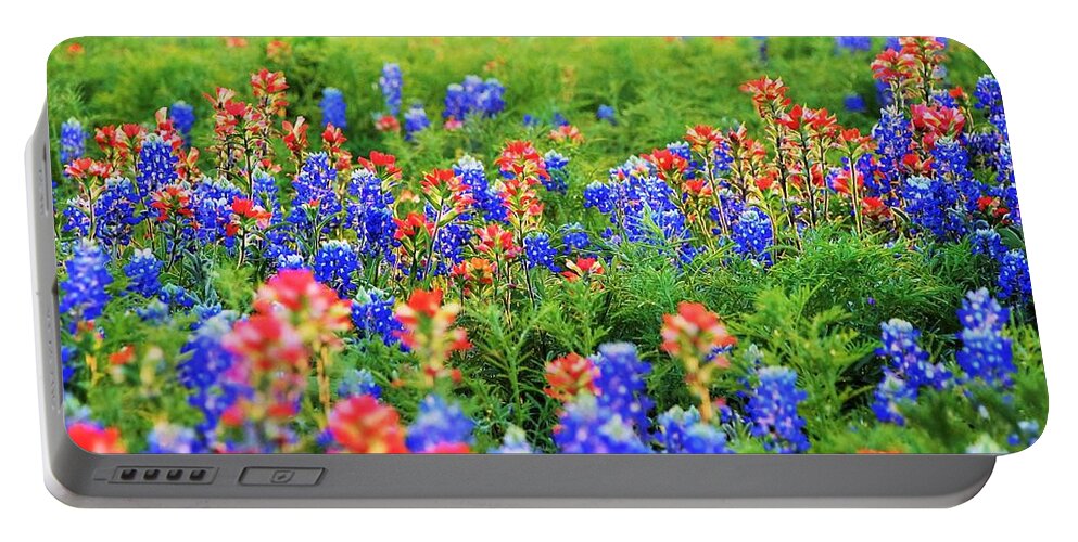 Wildflowers Sunset Portable Battery Charger featuring the digital art Bluebonnet Eye Candy In Sunset by Pamela Smale Williams