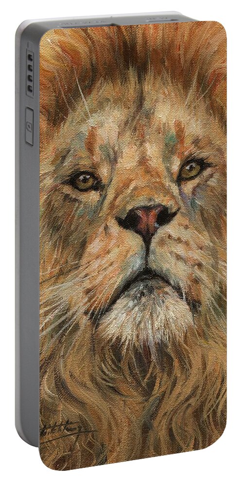 Lion Portable Battery Charger featuring the painting Eye To Eye, Lion. by David Stribbling