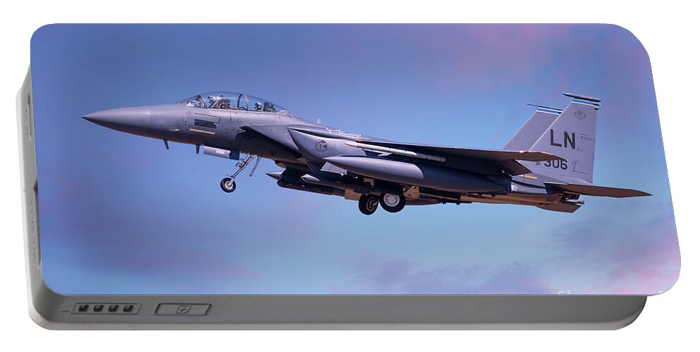 Usaf Portable Battery Charger featuring the photograph F15 coming into land lowering landing gear by Simon Bratt