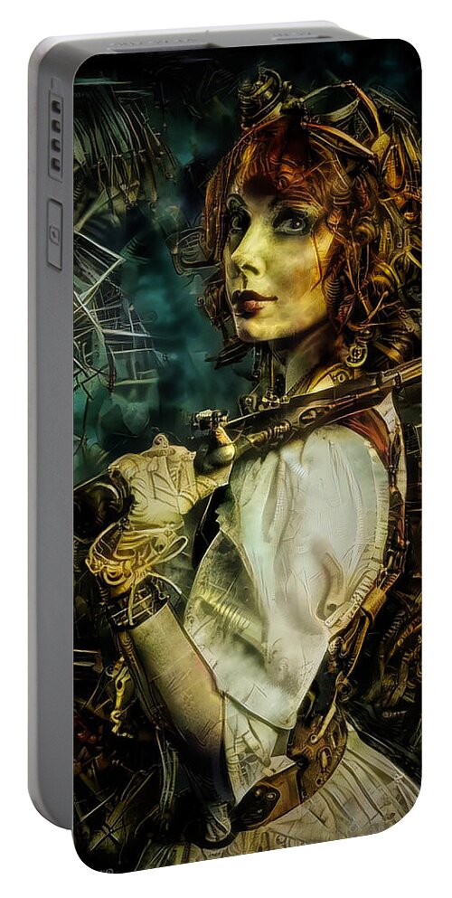 Steampunk Portable Battery Charger featuring the mixed media Facilitatress by Lilia D