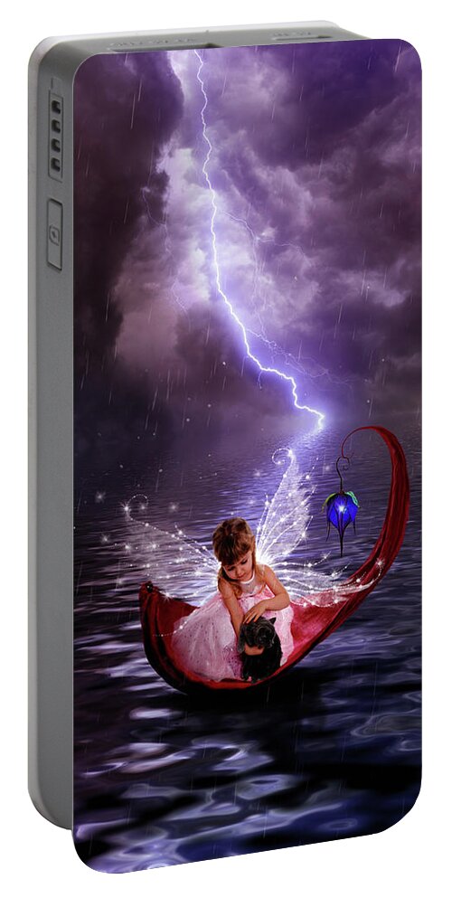 Fairy Portable Battery Charger featuring the digital art Fairy with her kitty caught in the rain by Lilia S