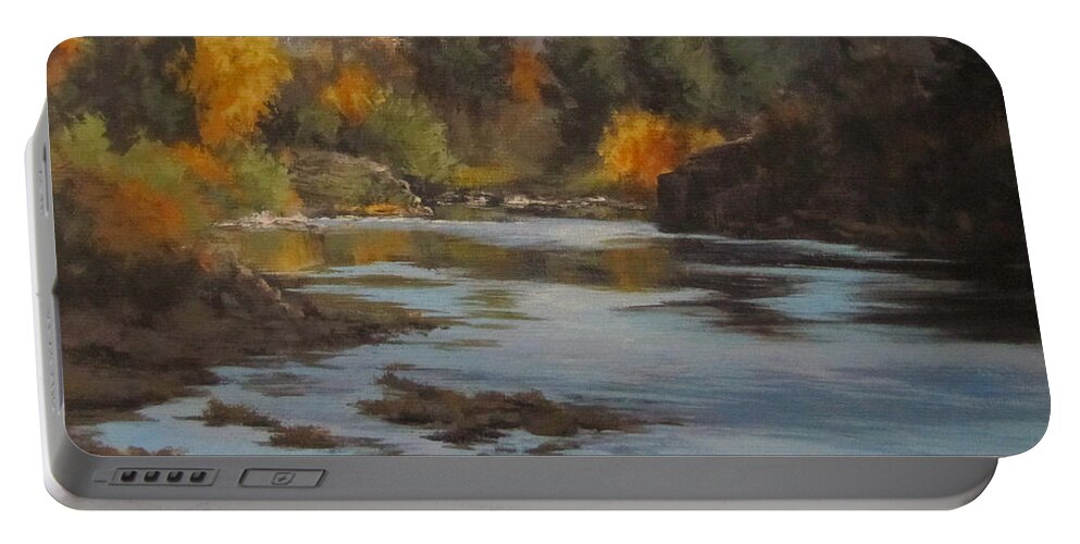 Landscape Portable Battery Charger featuring the painting Fall at Colliding Rivers by Karen Ilari