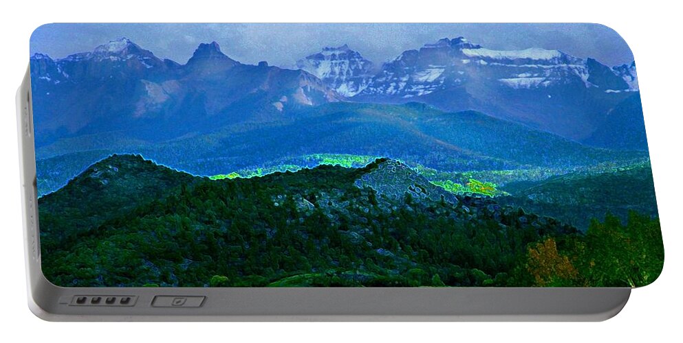 Blues And Greens Show Off This Mysterious And Peaceful Colorado Scene Of Hay Fields And Majestic Mountains. Portable Battery Charger featuring the digital art Fall before the San Juans by Annie Gibbons