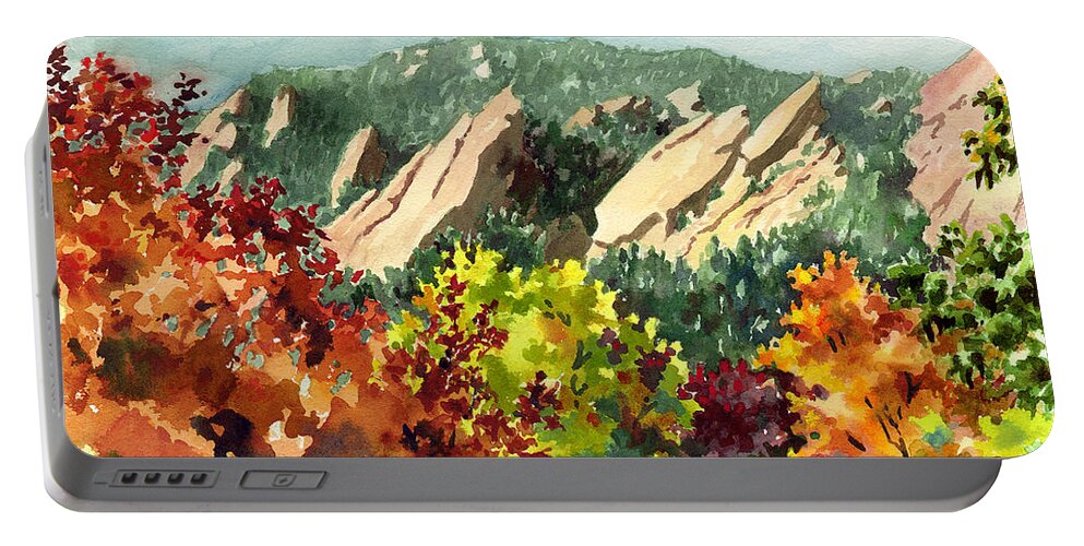 Red Leaves Art Portable Battery Charger featuring the painting Fall Flatirons by Anne Gifford