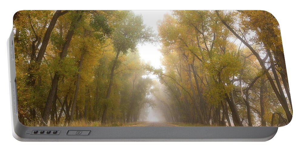 Fall Foliage Portable Battery Charger featuring the photograph Fall Foliage Lines a Foggy Road by Tony Hake