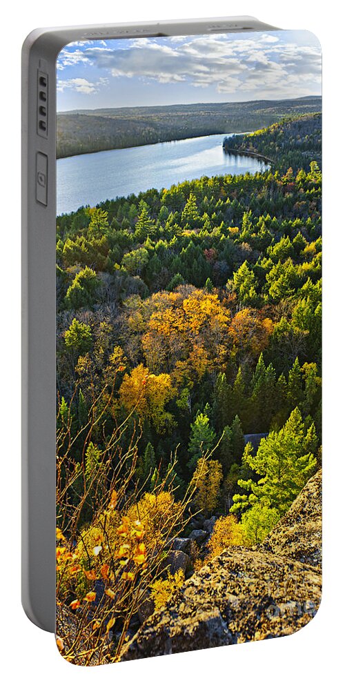 Forest Portable Battery Charger featuring the photograph Fall forest and lake top view by Elena Elisseeva