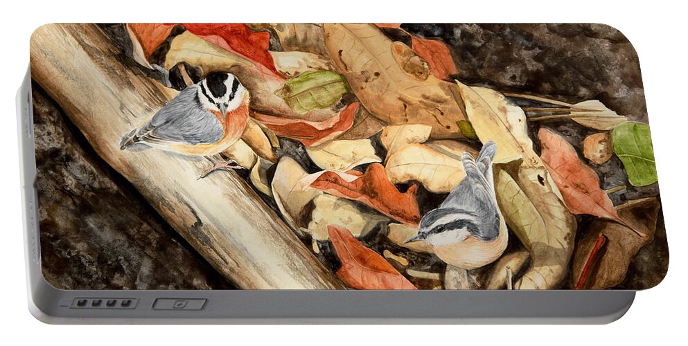 Nuthatches Portable Battery Charger featuring the painting Fall nuthatch pair by Jessie Vaughn