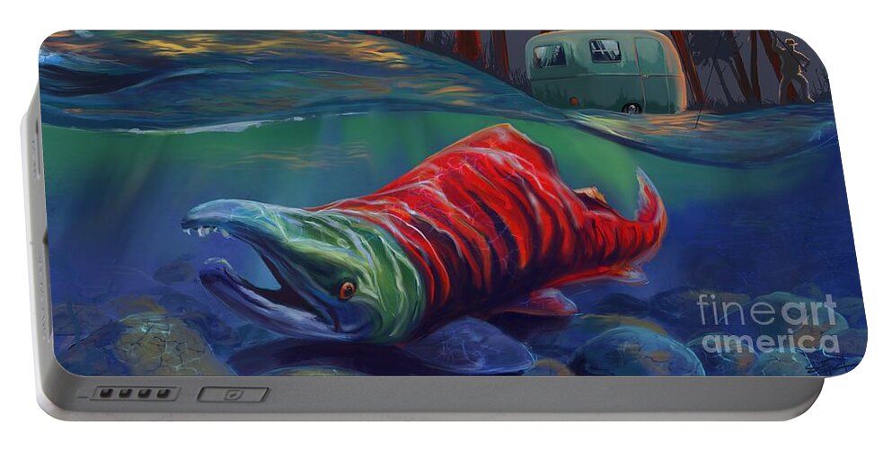 Fishing Painting Portable Battery Charger featuring the painting Fall Salmon fishing by Sassan Filsoof