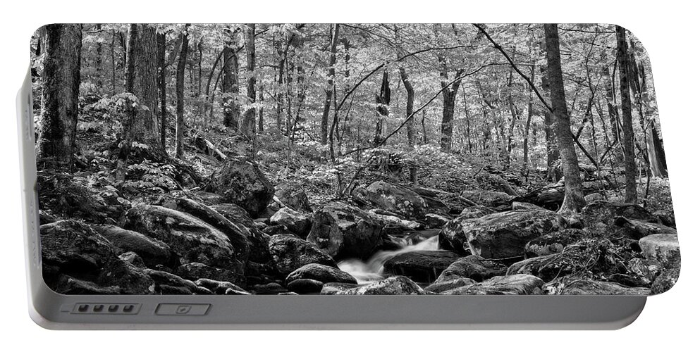 Waterfall Portable Battery Charger featuring the photograph Falls Brook Rush Black and White by Allan Van Gasbeck