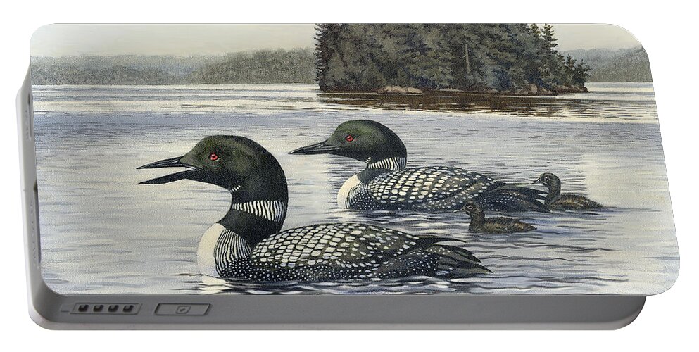 Common Loon Portable Battery Charger featuring the painting Family Outing by Richard De Wolfe