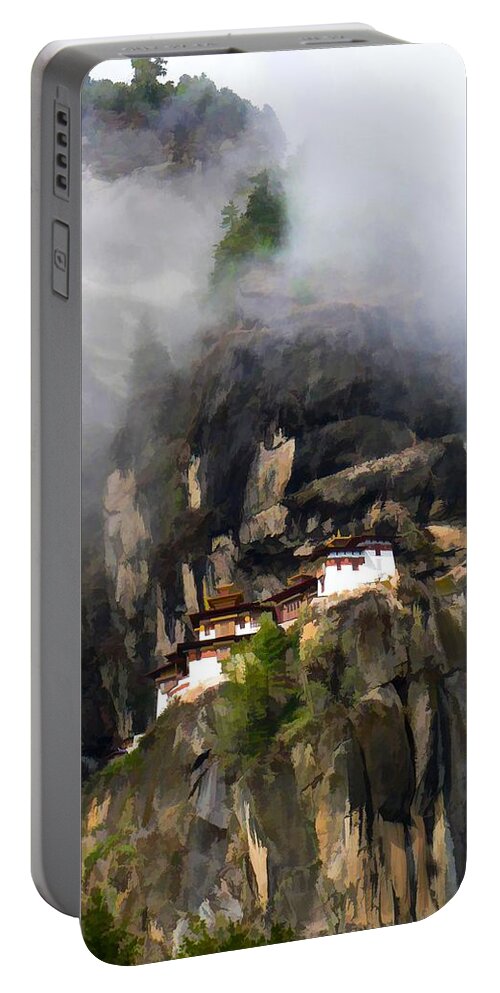 Famous Tigers Nest Monastery Of Bhutan Portable Battery Charger featuring the painting Famous tigers nest monastery of Bhutan 9 by Jeelan Clark