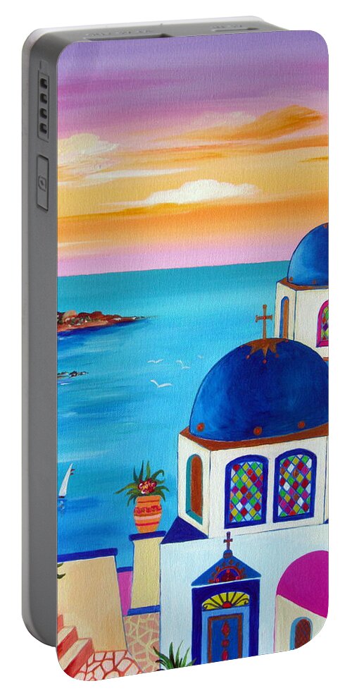 Santorini Portable Battery Charger featuring the painting Fantasy Santorini Greek Islands by Roberto Gagliardi