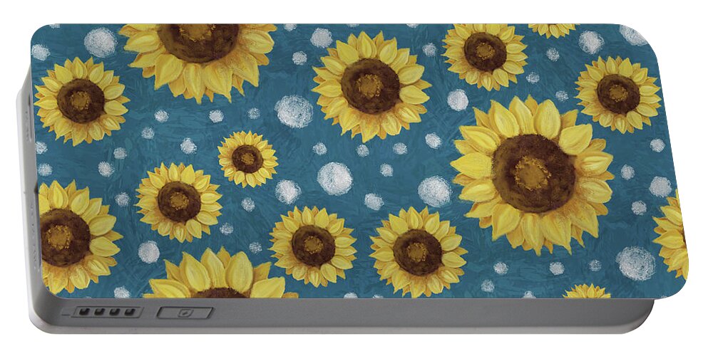 Sunflowers Portable Battery Charger featuring the painting Farm Fresh Sunflower Blue Dot Circle Toss Pattern by Audrey Jeanne Roberts