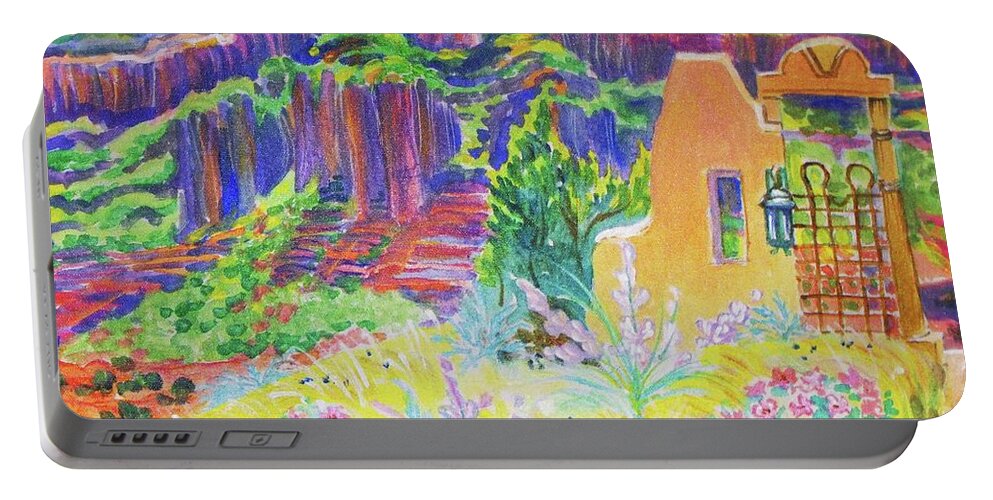 Faux Gate Detail Made And Interesting Painting In This Desert Setting Portable Battery Charger featuring the painting Faux Gate in Gateway Colorado by Annie Gibbons