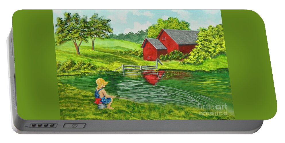 Country Kids Art Portable Battery Charger featuring the painting Favorite Fishing Hole by Charlotte Blanchard