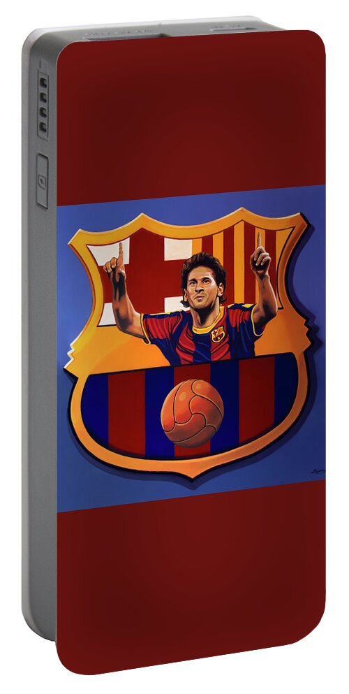 Lionel Messi Portable Battery Charger featuring the painting FC Barcelona Painting by Paul Meijering