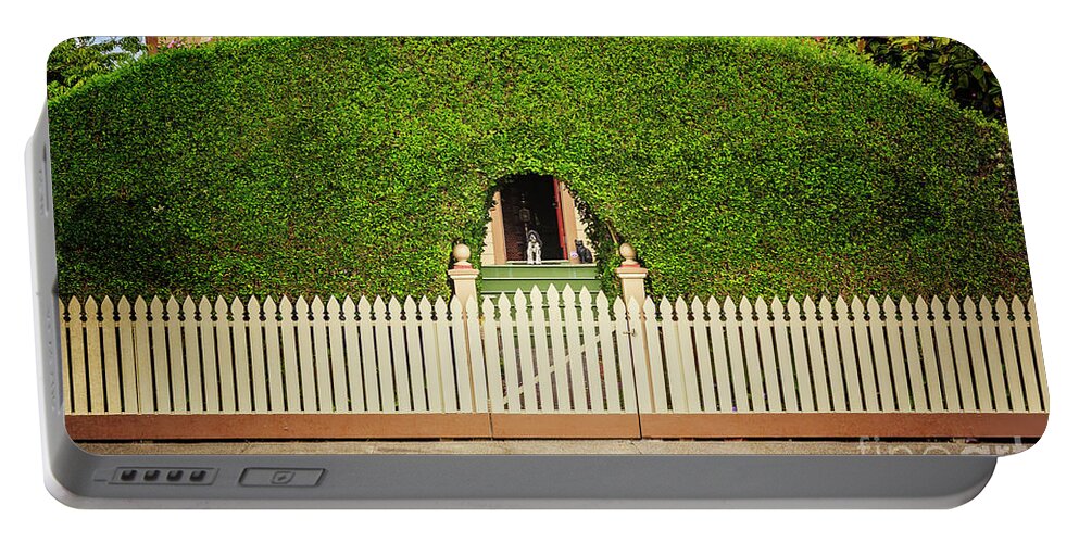 American Portable Battery Charger featuring the photograph Fence, Hedge, Dog and Cat by Craig J Satterlee