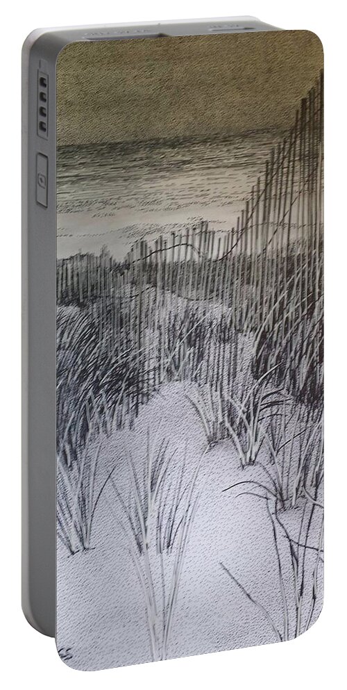  Portable Battery Charger featuring the drawing Fence in the Dunes by Betsy Carlson Cross