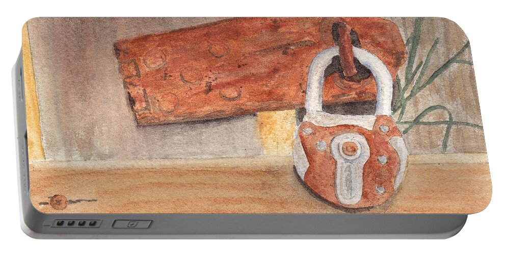 Fence Portable Battery Charger featuring the painting Fence Lock by Ken Powers