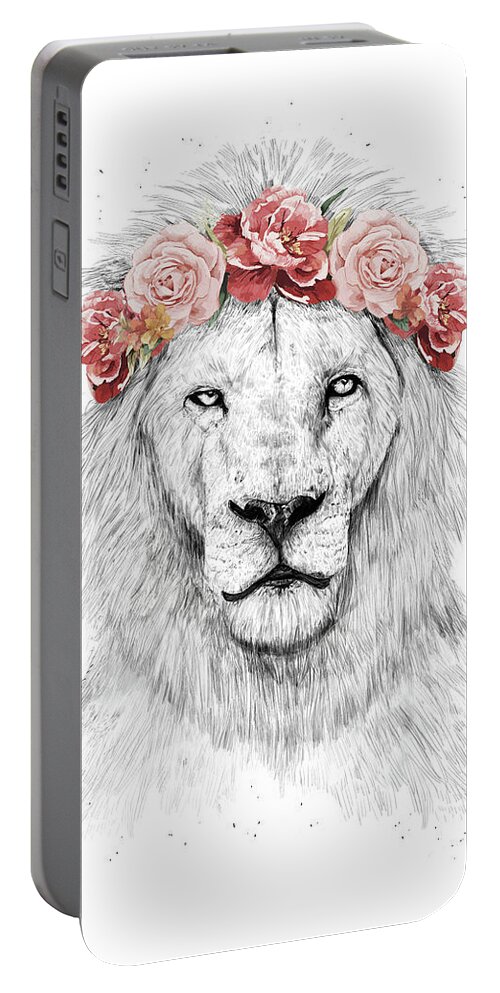Lion Portable Battery Charger featuring the drawing Festival lion by Balazs Solti