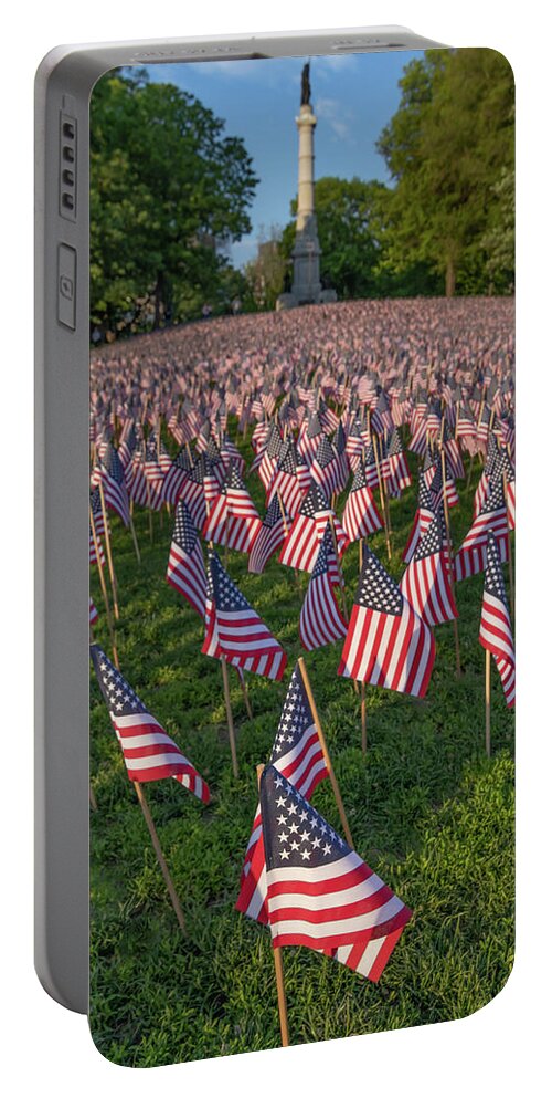 Boston Portable Battery Charger featuring the photograph Field of Flags at Boston's Soldiers and Sailors Monument by Kristen Wilkinson