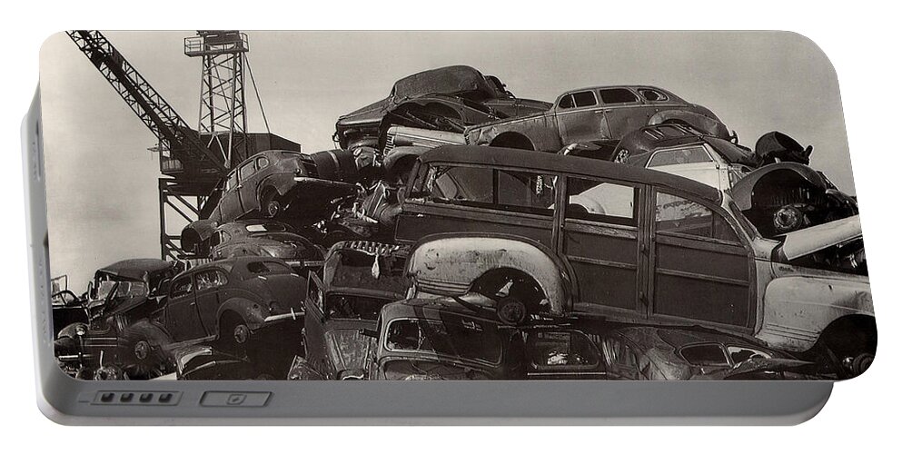 Framed Photography Art Of Woody�s. Junk Yard Art. Framed Black And White Photos Of Junk Yard Cars. Black And White Prints Of Woody�s. Prints Of Cool Wood-paneled Station Wagons. Wrecked 1946 Ford Woody�s. Prints Of 1941 Chrysler Town & Country Convertibles. Prints Of 1948 Ford Sportsmen Convertibles. Prints Of 1950 Ford Woody�s. Portable Battery Charger featuring the photograph JUnk Yard of Woody Dream Cars by Jack Pumphrey
