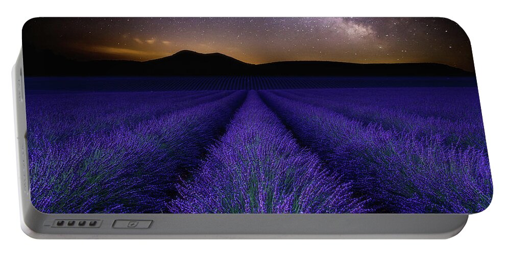 Night Stars Waterscape Lavender Mood Fields Provence Milkyway Clouds Nature Blue Sky Landscape Scenic Sea Nightscape Wonder Clouds Europe Portable Battery Charger featuring the photograph Fields of Eden by Jorge Maia