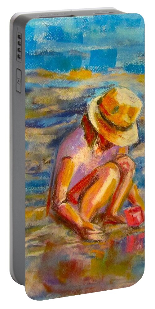 Beach Portable Battery Charger featuring the pastel Finding Treasure by Barbara O'Toole