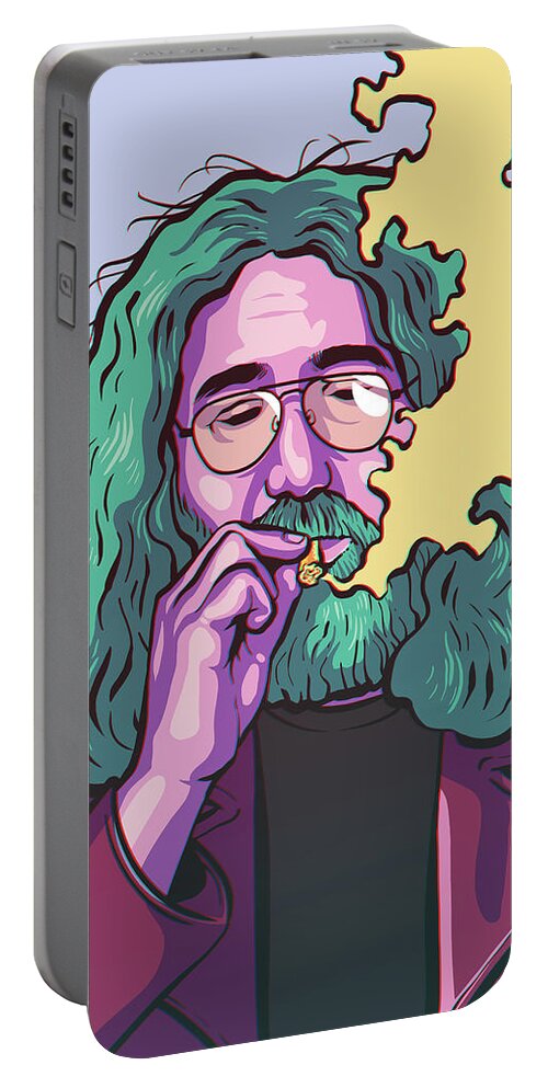 Jerry Garcia Jerrygarcia Gratefuldead Grateful Dead Rock Rockandroll Rockmusic Rock Music Rock And Roll Music Deadhead Legend Weed Pot Cannabis Smoke Herbs Plants Marijuana Digital Illustration Digital Art Digital Illustration Portable Battery Charger featuring the drawing Fire On The Mountain by Miggs The Artist