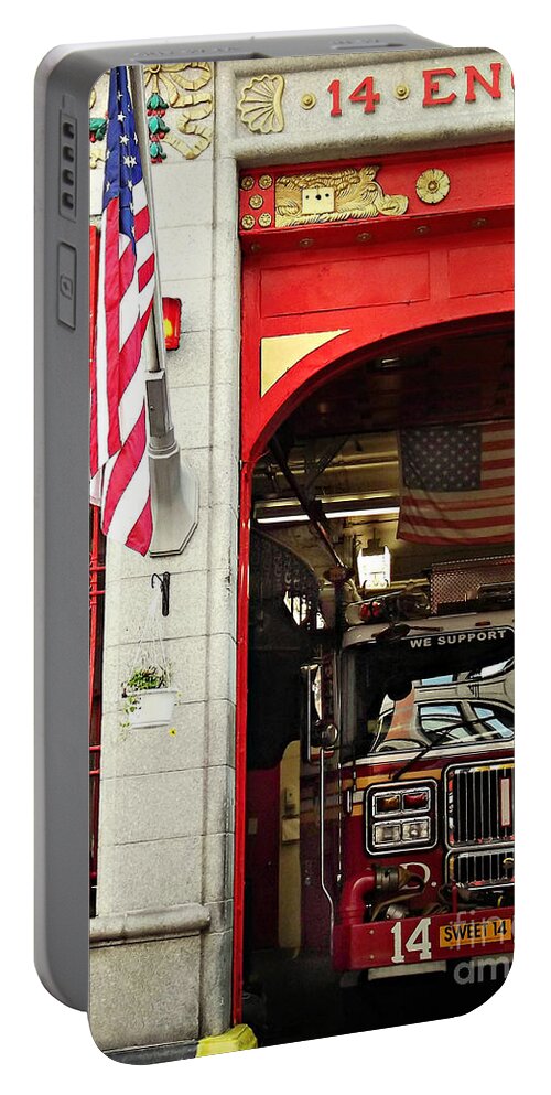 Firemen Portable Battery Charger featuring the photograph Firefighters of New York - Engine Sweet 14 by Miriam Danar