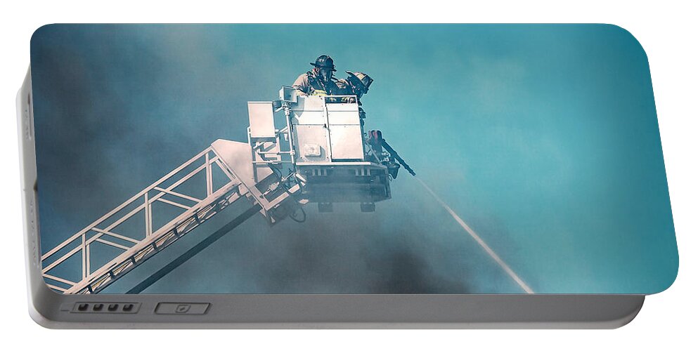 Aerial Portable Battery Charger featuring the photograph Firemen Dousing Flames by Todd Klassy
