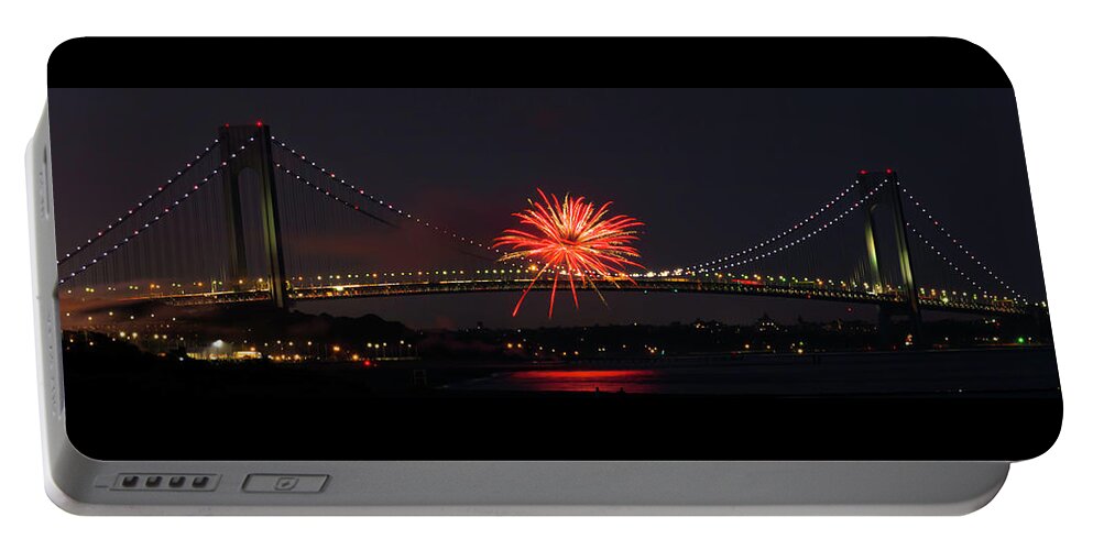 Fireworks Over The Verrazano Narrows Bridge Landscape Portable Battery Charger featuring the photograph Fireworks 2 by Kenneth Cole