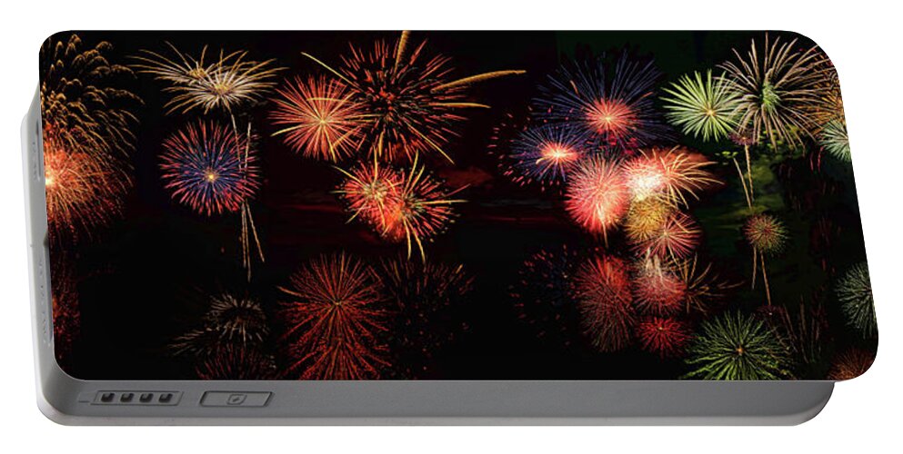 Fireworks Portable Battery Charger featuring the digital art Fireworks Reflection In Water Panorama by OLena Art