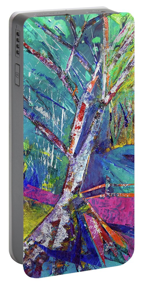 Birch Portable Battery Charger featuring the mixed media Firey Birch by Julia Malakoff