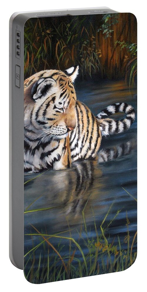Tiger Cub Portable Battery Charger featuring the painting First Reflection by Mary McCullah