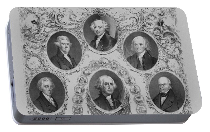 Us Presidents Portable Battery Charger featuring the drawing First Six U.S. Presidents by War Is Hell Store