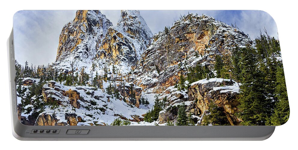 Liberty Bell Mountain Over Washington Pass; Washington Pass; Liberty Bell Mountain; North Cascade; North Cascades National Park; Mountain Range; Landscape; Glacier; Pacific Northwest; North Cascades Highway; Washington State; Nature; Usa; Scenic; Snow; Color; Alpine; Geology; First Snow; Autumn; America; United States; Mountain; Mary Jo Allen; Allenphotoart; Liberty Bell; Photograph; Image; Snowfall; First Snowfall Of The Season; Sheer Vertical Cliff; Warm; Cold Portable Battery Charger featuring the photograph First Snow on Liberty Bell Horizontal by Mary Jo Allen