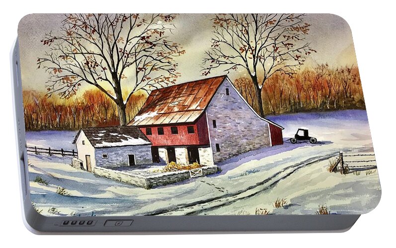 Watercolor Portable Battery Charger featuring the painting First Snow by Raymond Edmonds