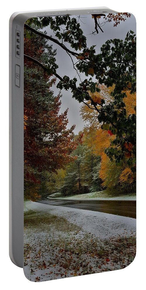 Seasons Portable Battery Charger featuring the photograph First Snowfall by Dani McEvoy
