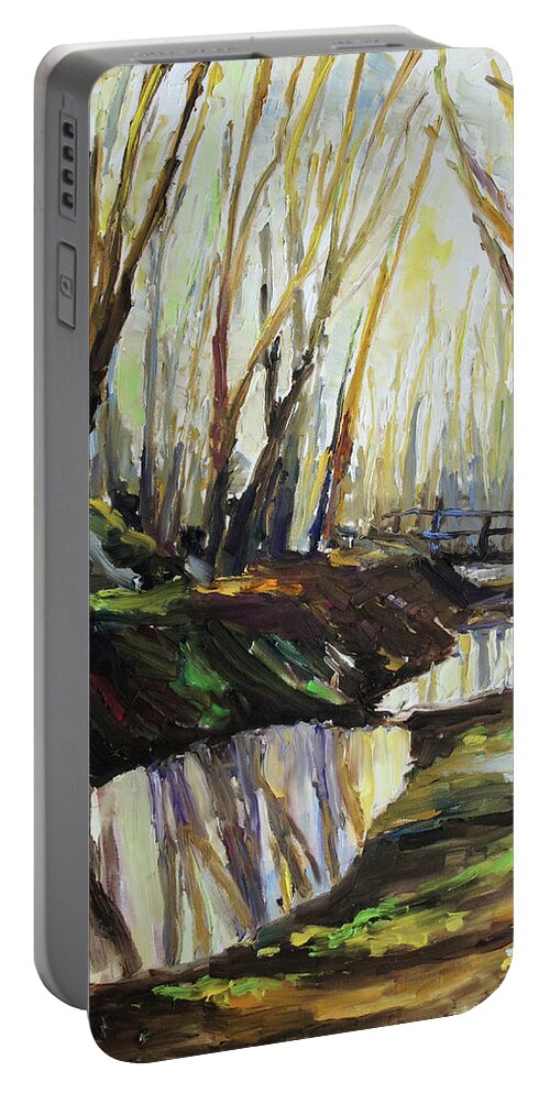 Landscape Portable Battery Charger featuring the painting First Sun Of Spring by Barbara Pommerenke
