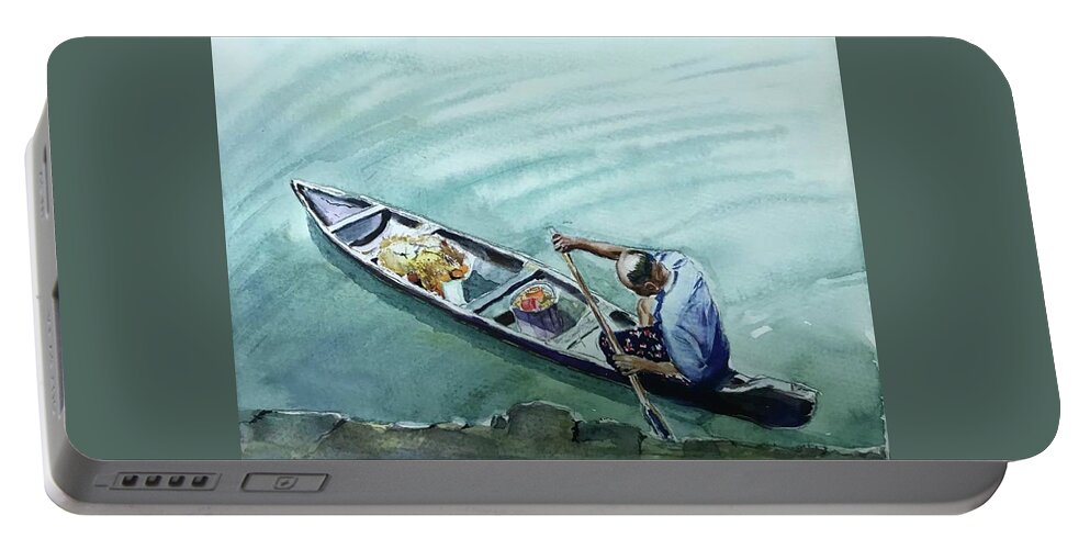 Fishing Portable Battery Charger featuring the painting Fish feeder by George Jacob