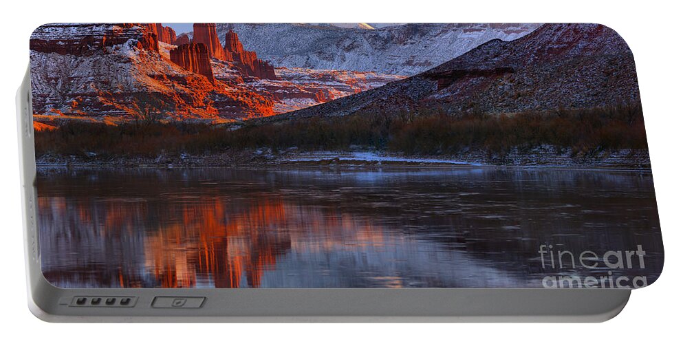 Fisher Towers Portable Battery Charger featuring the photograph FIsher Towers Sunset Reflection Panorama by Adam Jewell
