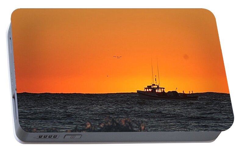 Ocean City Md Portable Battery Charger featuring the photograph Fishing Boat Eclipses The Sunrise by Robert Banach