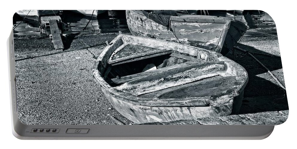 Black And White Photographyy Portable Battery Charger featuring the photograph Fishing Boats Vintage and New by Allan Van Gasbeck
