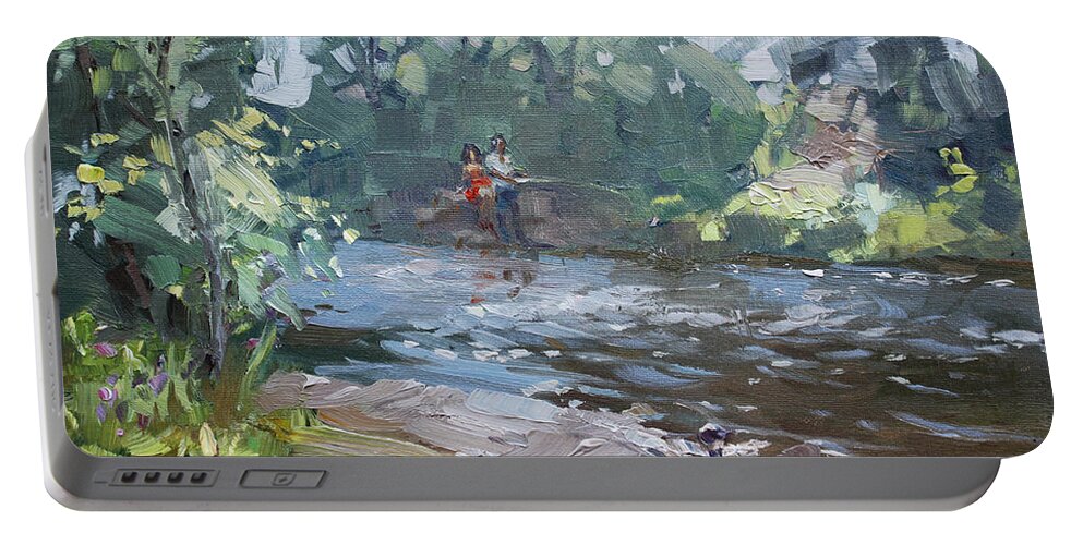 Fishing Portable Battery Charger featuring the painting Fishing Day with Viola by Ylli Haruni