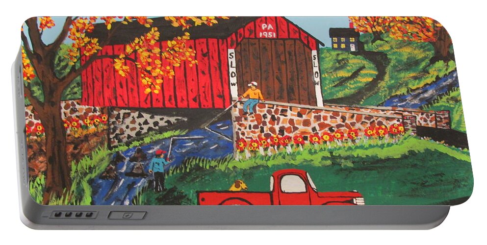 Country Art Portable Battery Charger featuring the painting Fishing Under The Covered Bridge by Jeffrey Koss