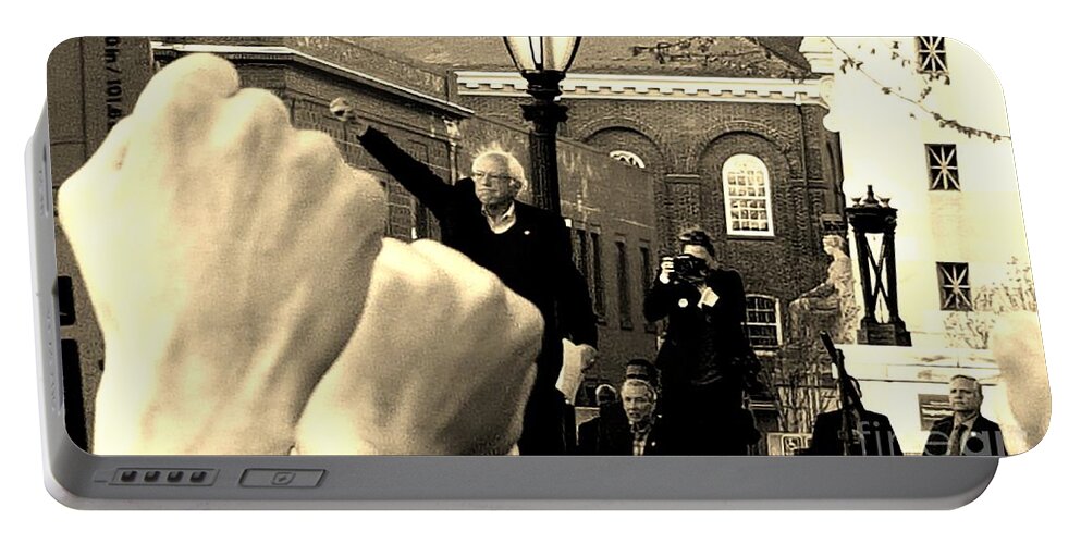Feel The Bern Portable Battery Charger featuring the photograph Fists Up, Bernie Sanders, New Haven, CT by Dani McEvoy