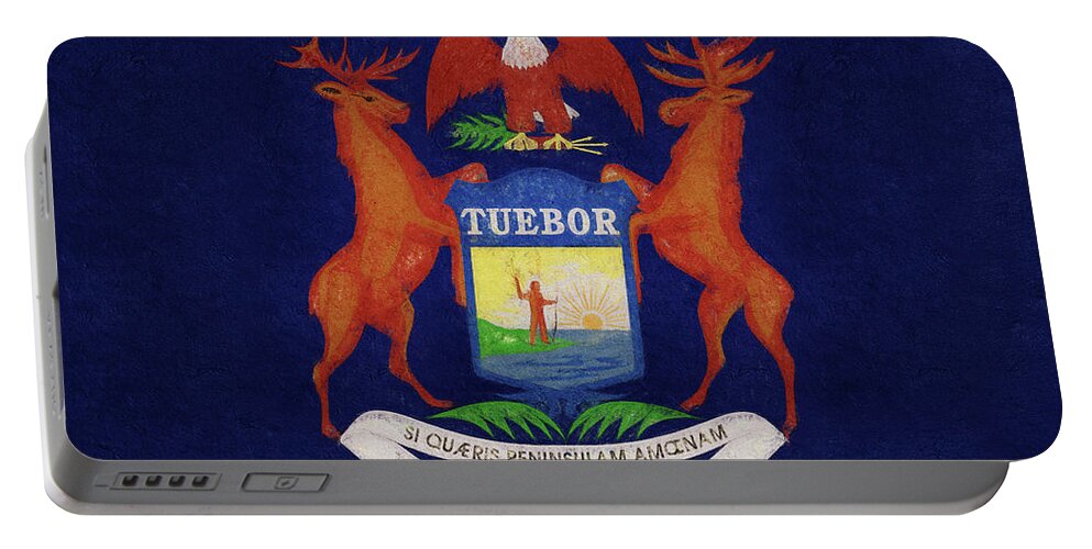 America Portable Battery Charger featuring the digital art Flag of Michigan Grunge by Roy Pedersen