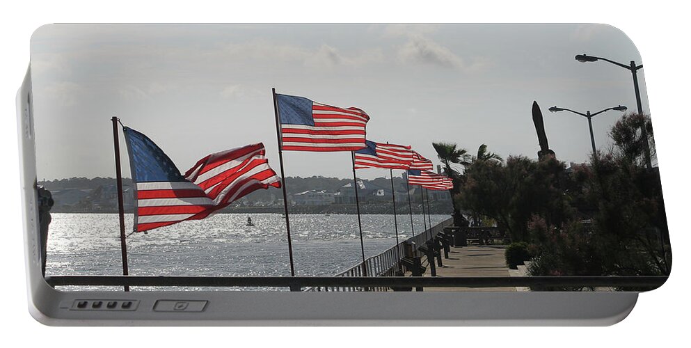 Red Portable Battery Charger featuring the photograph Flags On The Inlet Boardwalk by Robert Banach