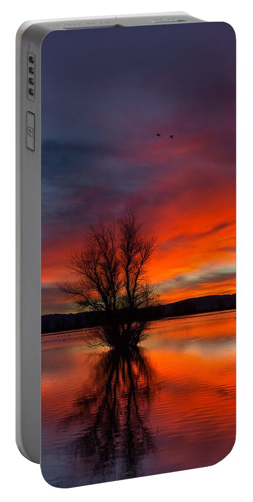 Red Portable Battery Charger featuring the photograph Flames on the Water by Kathleen Bishop